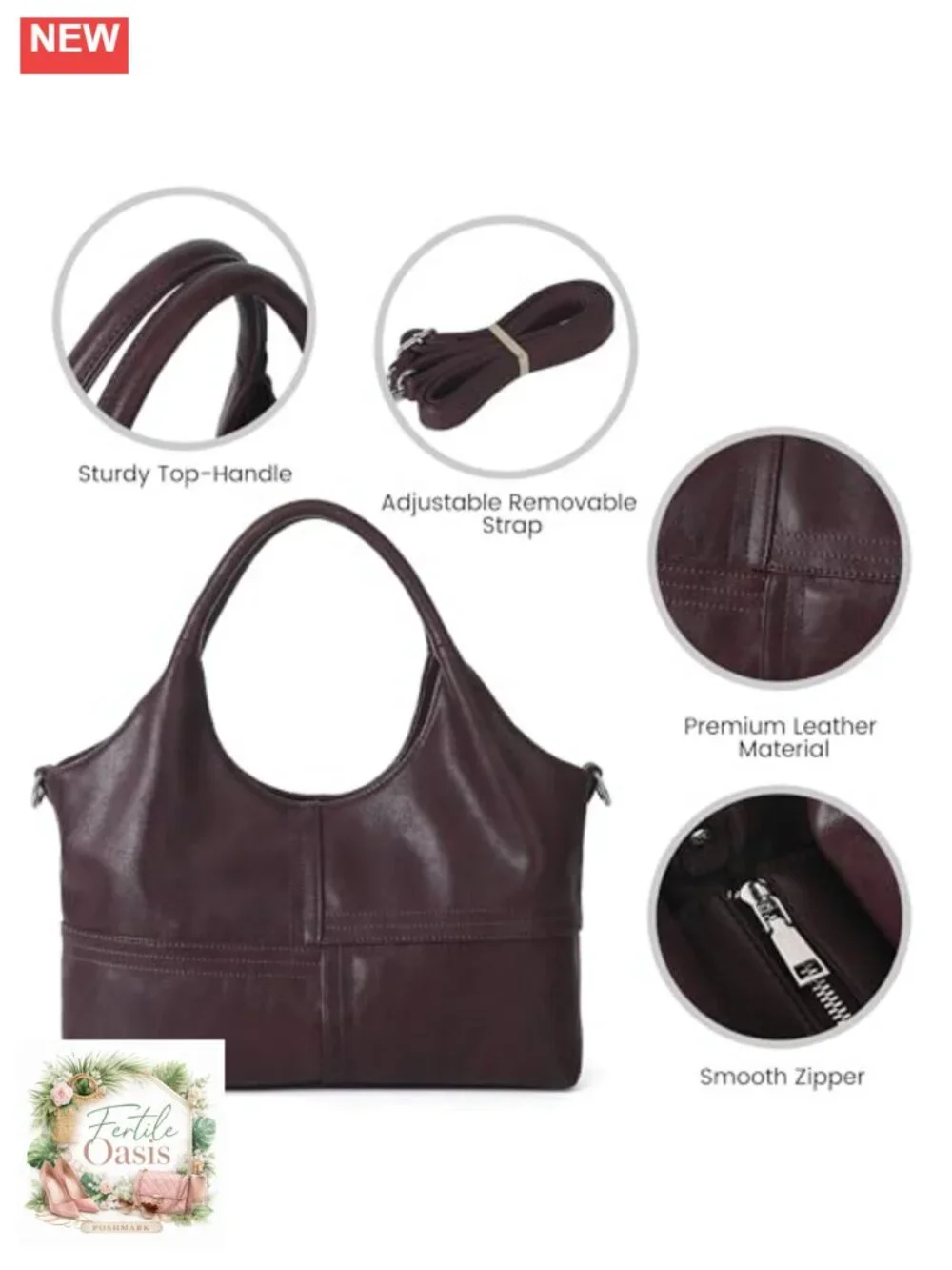 Medium Vegan Leather Tote Hobo Bag with Satchel Strap, Two Handles, Crossbody